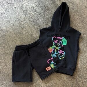 Zara Bear Collective Black Sleeveless Hoodie and Sweat Shorts Set Sz 6-7